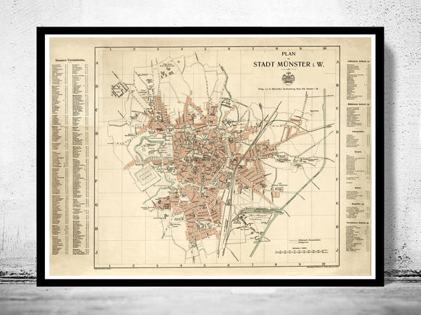 Old Map of Munster Germany Deutshland 1913  | Vintage Poster Wall Art Print |