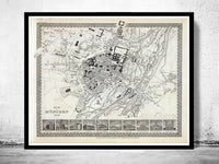 Old Map of Munich Munchen with gravures, Germany Deutshland 1844 Vintage  | Vintage Poster Wall Art Print |