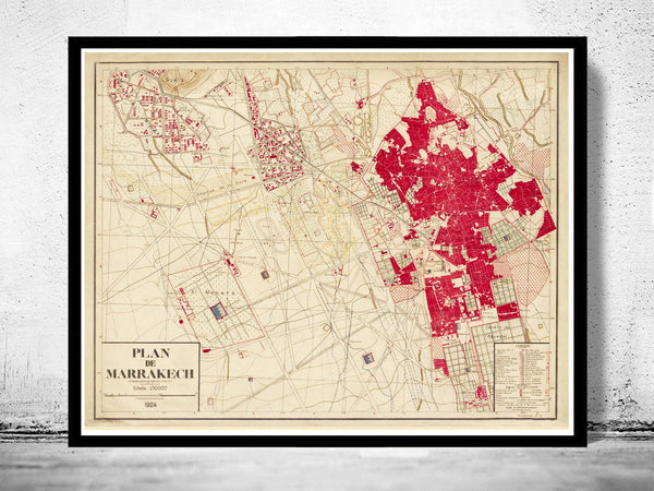 Old Map of Marrakesh Morocco Marrakech 1924  Vintage Map  | Vintage Poster Wall Art Print |