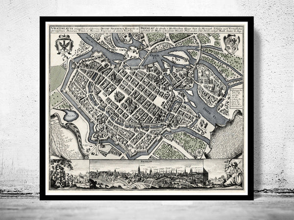 Old Map of Wroclaw with gravures Poland 1735 Vintage map Breslau  | Vintage Poster Wall Art Print |