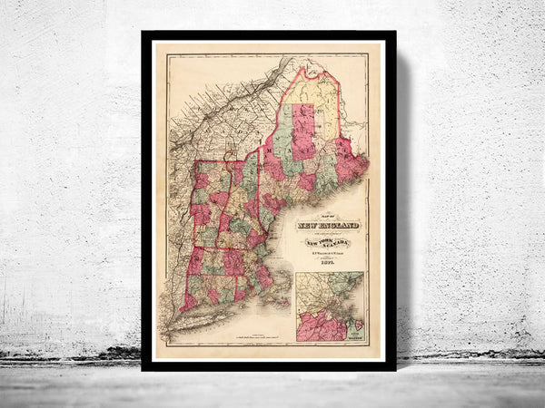 Old Map of New England 1871 vintage  | Vintage Poster Wall Art Print |