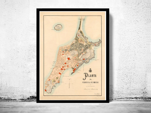 Old Map of Macau Macao 1889 China  | Vintage Poster Wall Art Print |