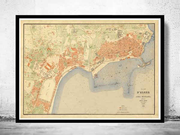 Old Map of Algiers Alger 1888 Vintage map  | Vintage Poster Wall Art Print |