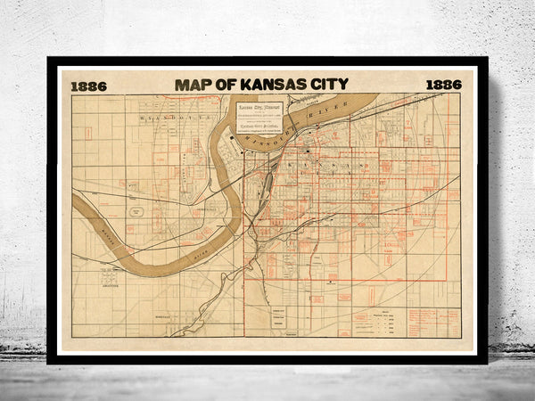 Vintage map of Kansas City, Missouri, 1886  | Vintage Poster Wall Art Print |