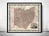 Old Map Ohio State 1860 Vintage Map of Ohio State | Vintage Poster Wall Art Print |