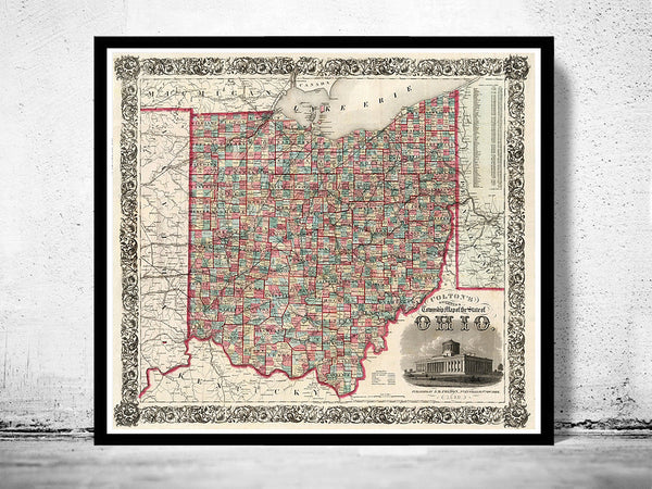 Old Map Ohio State 1860 Vintage Map of Ohio State | Vintage Poster Wall Art Print |