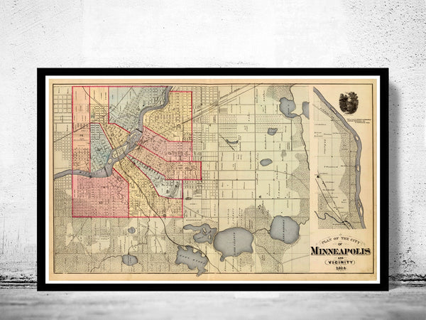 Old map of Minneapolis 1871 Vintage Map | Vintage Poster Wall Art Print |