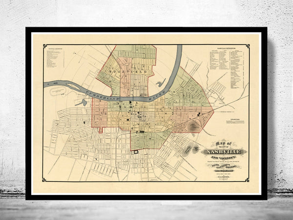 Old map of Nashville Tennessee 1877  | Vintage Poster Wall Art Print |