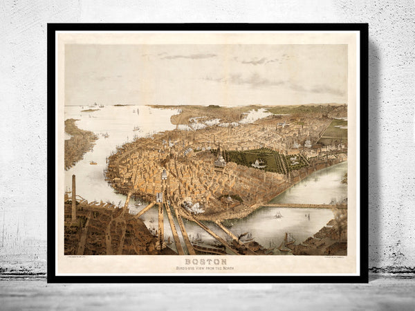 Panoramic View of Old Boston, Massachusetts 1877  | Vintage Poster Wall Art Print |