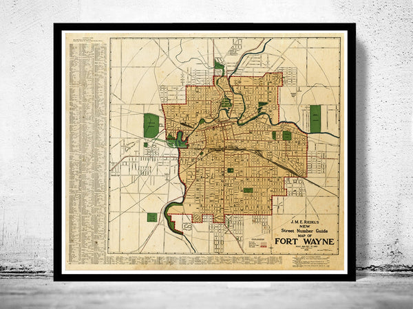 Old Map Fort Wayne Indiana 1919  | Vintage Poster Wall Art Print |