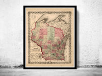 Old Map Wisconsin 1864 Vintage Map  | Vintage Poster Wall Art Print |