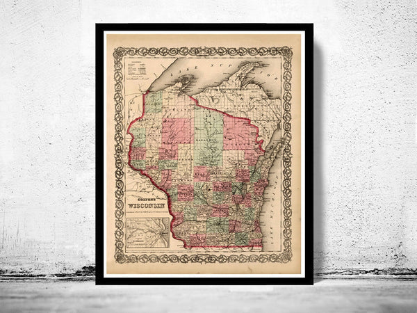 Old Map Wisconsin 1864 Vintage Map  | Vintage Poster Wall Art Print |