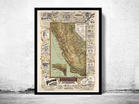 Vintage Map of California roads for cyclers 1875  | Vintage Poster Wall Art Print |