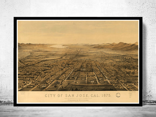 Vintage Panoramic  View of San Jose, California, Aerial view  United States 1875  | Vintage Poster Wall Art Print |