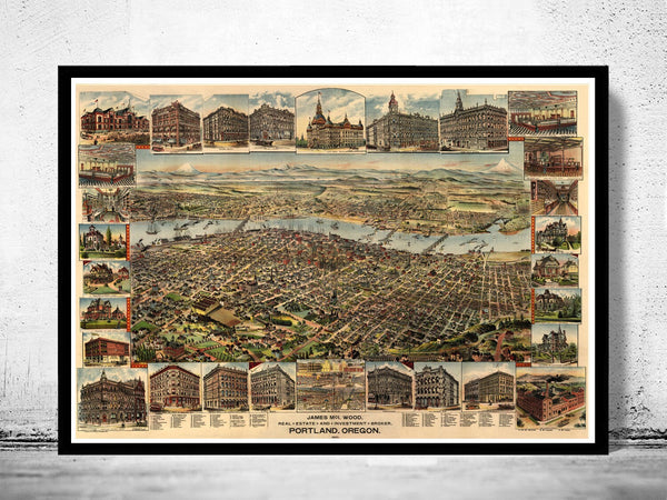 Portland Oregon 1892 Panoramic View Vintage  | Vintage Poster Wall Art Print |