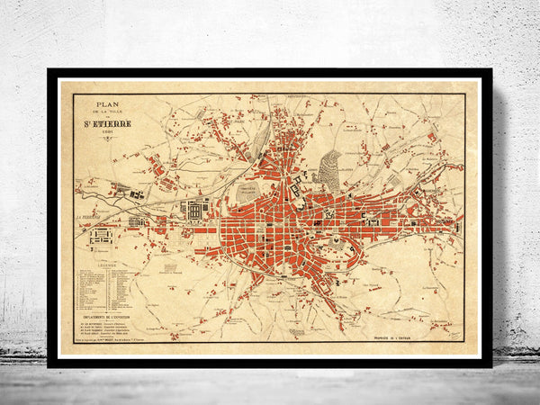 Old Map of Saint Etienne  France 1891 Vintage Map | Vintage Poster Wall Art Print |