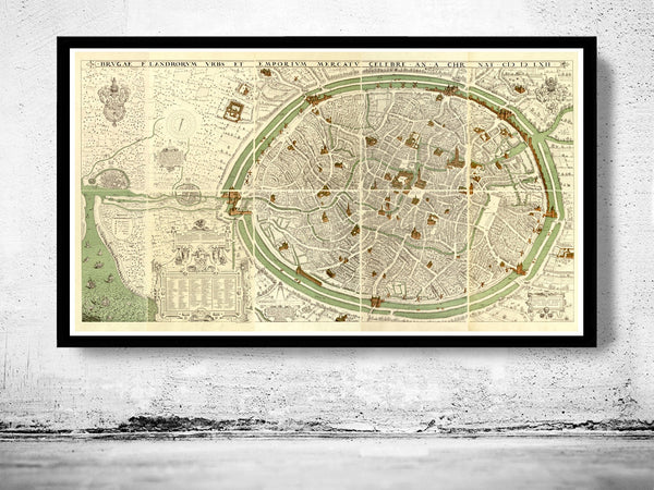 Old Map of Bruges, belgium, Brugae Flandorum 1562  | Vintage Poster Wall Art Print |