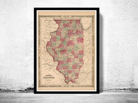 Old Map Illinois 1864 Vintage Map of Illinois | Vintage Poster Wall Art Print |