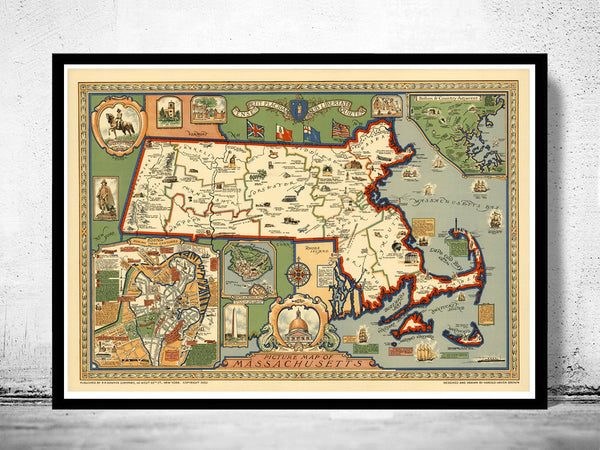 Old Map of Massachusetts 1930, Boston, Salem, Worcester,Lowell, Springfield  | Vintage Poster Wall Art Print |