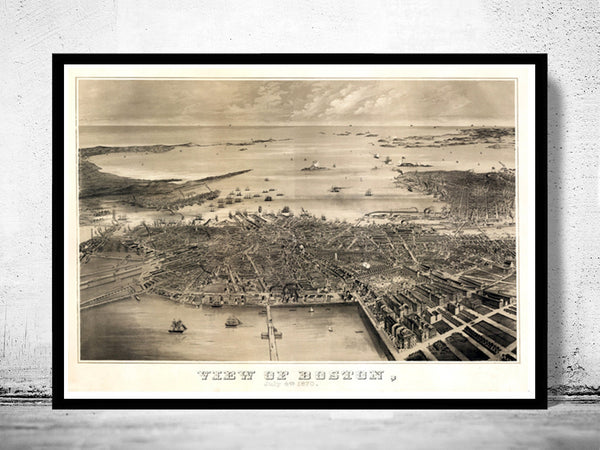 Old Panoramic View of Boston, United States of America Charlestown, Roxbury  Massachusetts Vintage 1870  | Vintage Poster Wall Art Print |