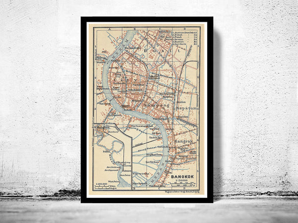 Old Map of Bangkok 1914 Thailand  | Vintage Poster Wall Art Print |