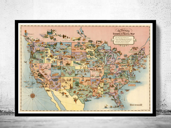 Vintage Map of United States America, Recreational Touring & Travel Map 1928  | Vintage Poster Wall Art Print |