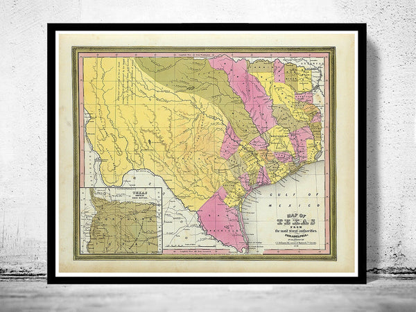 Old Map Texas 1846 United States of America  | Vintage Poster Wall Art Print |