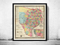 Old Map of Texas State 1856 United States of America  | Vintage Poster Wall Art Print |