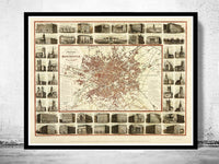 Old Map of Manchester with gravures England 1857 Vintage Map | Vintage Poster Wall Art Print |