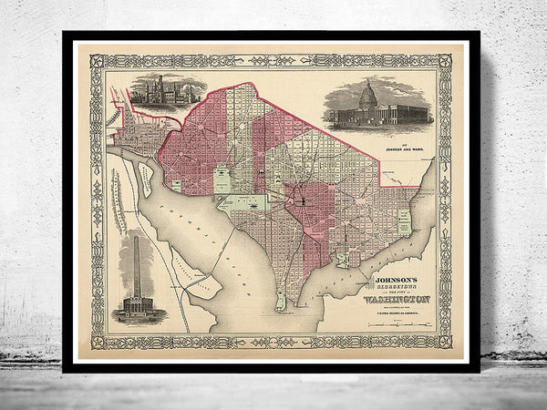 Old Map Washington City 1864 United States of America  | Vintage Poster Wall Art Print |