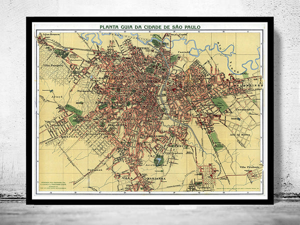 Old Map of São Paulo Brasil 1913 Vintage  | Vintage Poster Wall Art Print |