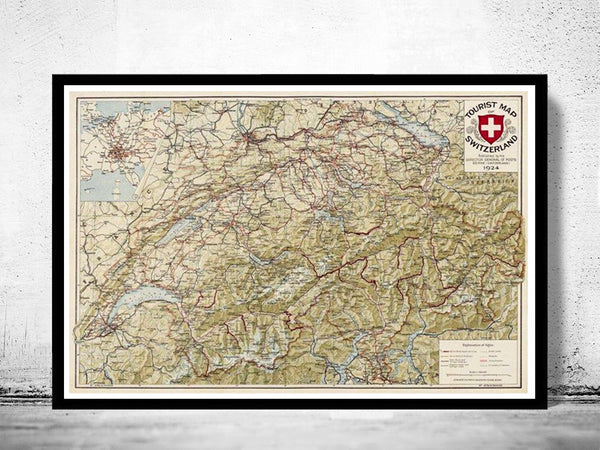 Old Map of Switzerland Antique Schweiz 1924  | Vintage Poster Wall Art Print |