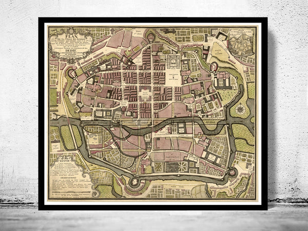 Old Map of Rennes  France 1726  | Vintage Poster Wall Art Print |