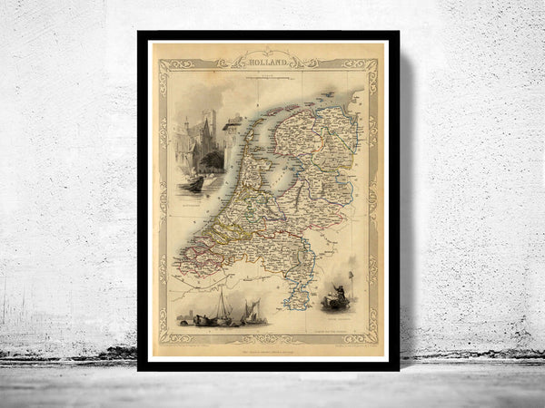 Vintage Map of The Netherlands Hollandia Holland 1851  | Vintage Poster Wall Art Print |