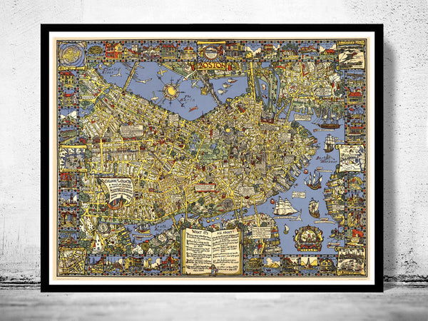 Old Map of Boston 1926,  Massachusetts Pictorial map  | Vintage Poster Wall Art Print |