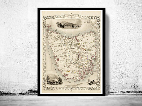 Vintage Map of Tasmania, Old map 1851  | Vintage Poster Wall Art Print |