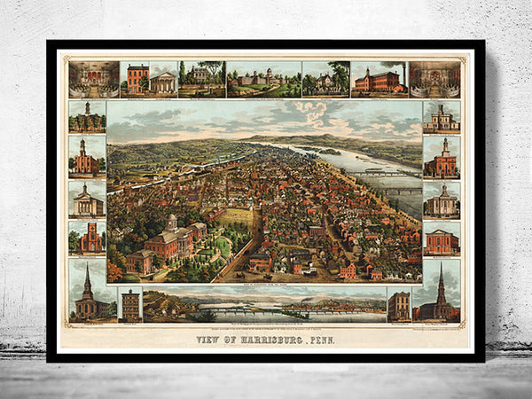 Old Map of Harrisburg Pennsylvania 1855 Panoramic View 1855 Vintage Map