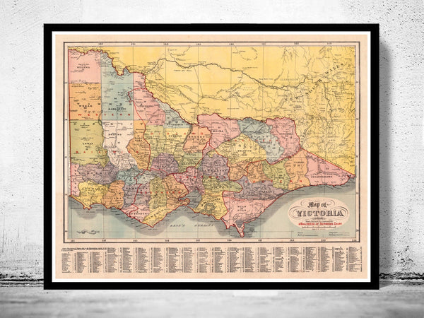 Old Map of Victoria Australia Oceania 1890  | Vintage Poster Wall Art Print |