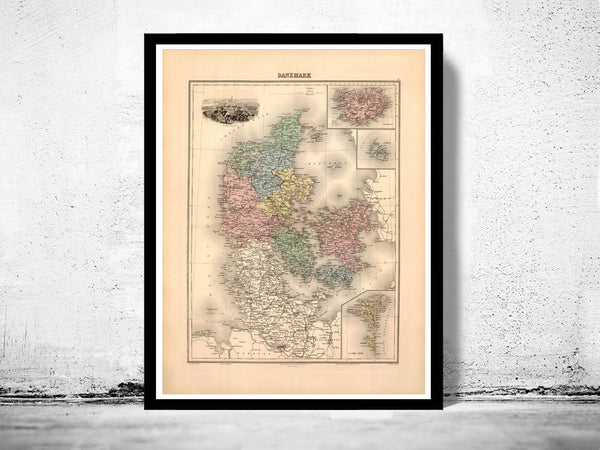 Old Map of Denmark Danemark 1892 Vintage Map | Vintage Poster Wall Art Print |