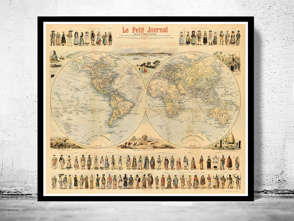 Vintage World Map Antique Atlas 1900 folklore map of the world  | Vintage Poster Wall Art Print | Vintage World Map
