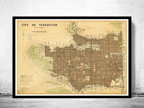 Old Map of Vancouver, British Columbia Canada  | Vintage Poster Wall Art Print |