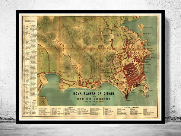 Old Map of Rio de Janeiro Brasil 1867 Vintage Map  | Vintage Poster Wall Art Print |