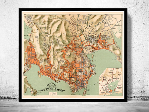 Old Map of Rio de Janeiro Brasil 1904 Vintage Map  | Vintage Poster Wall Art Print |