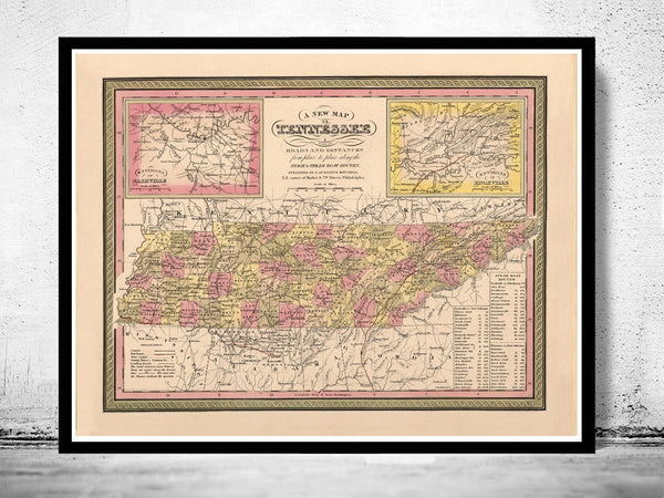 Vintage map of Tennesee 1849, United States of America  | Vintage Poster Wall Art Print |