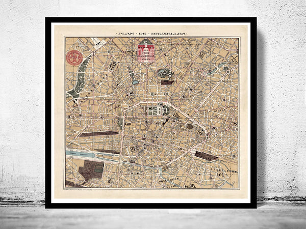 Old Map of Brussels Bruxelles Belgium 1924 Vintage Map  | Vintage Poster Wall Art Print |