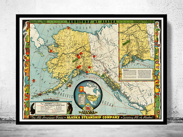 Old Map of Alaska Territory North America 1936