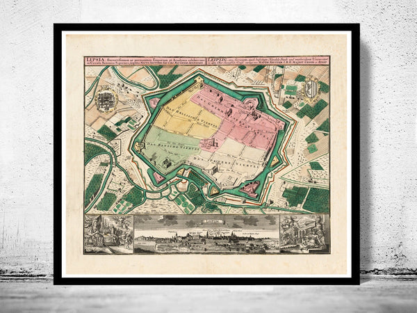 Old Map of Leipzig with gravures , Germany Deutshland 1735  | Vintage Poster Wall Art Print |