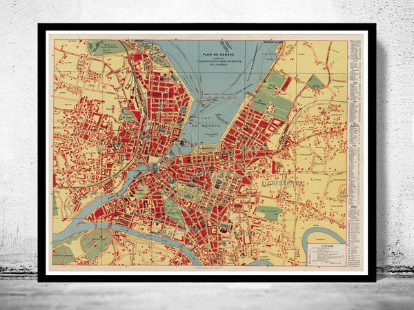 Old Map of Geneve Geneva City , Switzerland 1930  | Vintage Poster Wall Art Print |