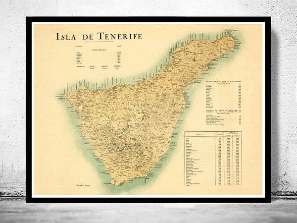 Old Map of Tenerife Canary Islands 1910 Spanish map  | Vintage Poster Wall Art Print |