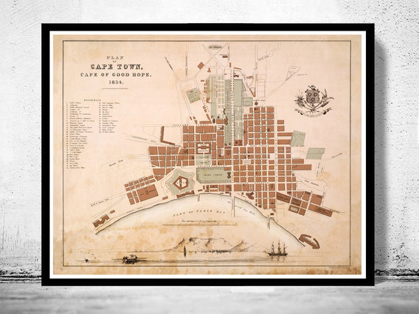 Old Map of Cape Town South Africa 1854 Kaapstad Vintage Map  | Vintage Poster Wall Art Print |